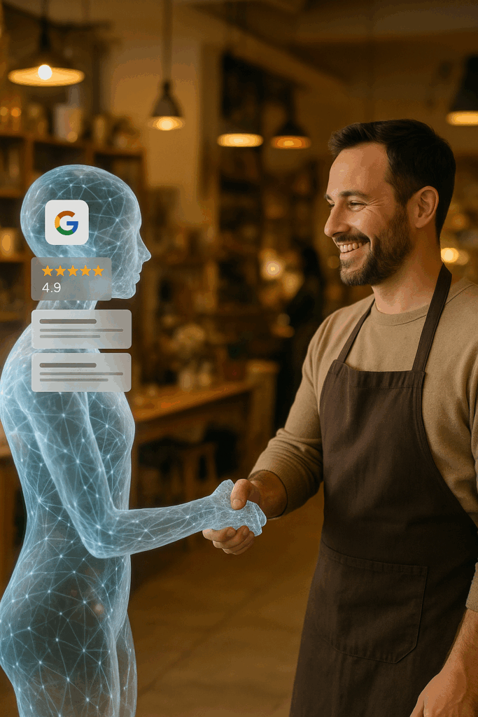 Business owner shaking hands with AI assistant to improve Google Business Profile rating to 4.9 stars