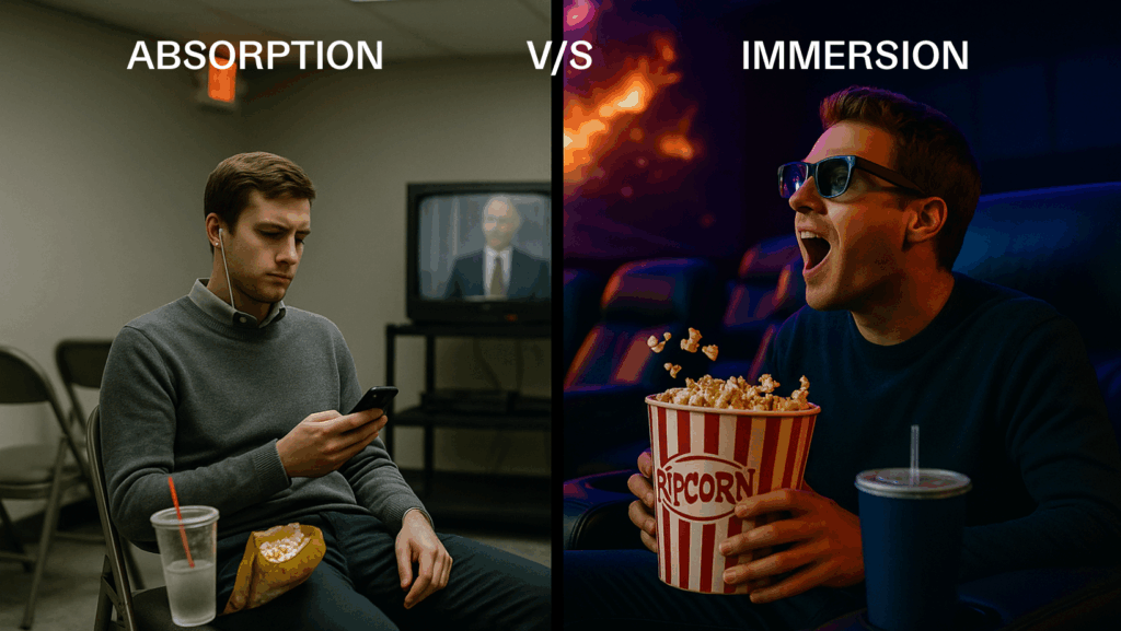 Customer experience absorption vs immersion comparison showing engaged and disengaged movie theater audiences