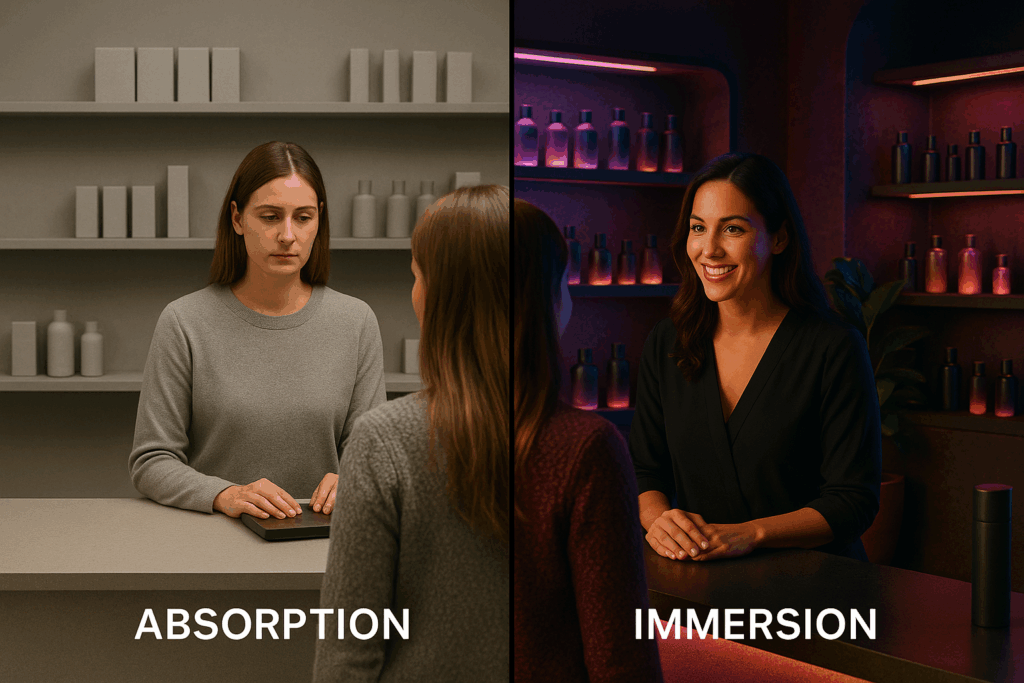 Split comparison of customer service absorption and immersion: disengaged retail employee vs engaged premium service experience